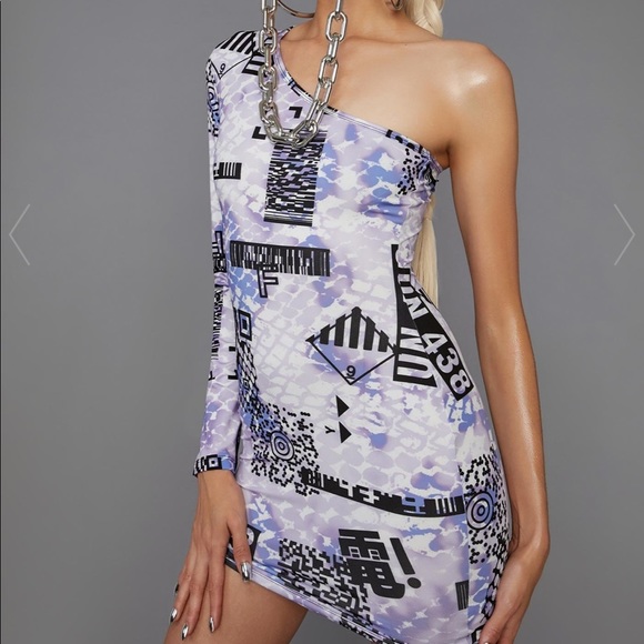 QR Code One Shoulder Purple Mini Dress - Picture 3 of 3